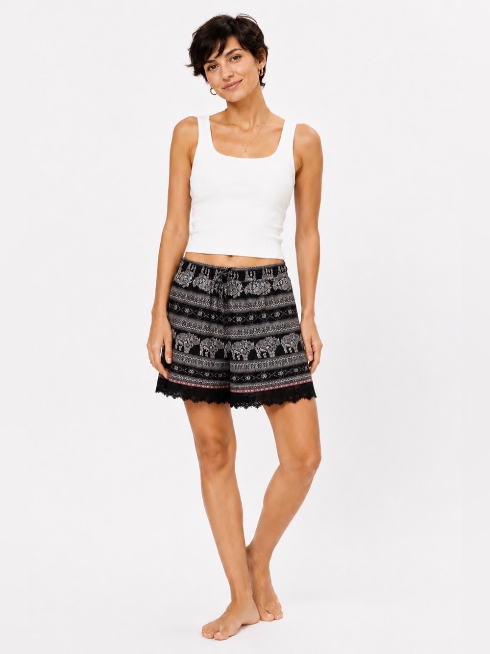 Molly Bracken Boho Lace Trim Shorts Black White Print Size M